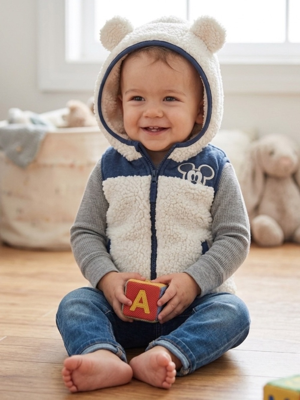 Disney Junior Mickey Mouse ear hooded sherpa-style toddler vest size 18M
